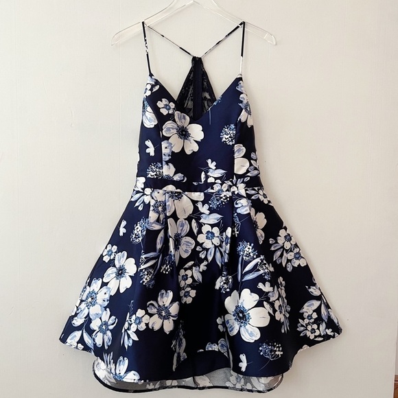 B. Darlin Spaghetti Strap Lace Bra-Back Floral Print Satin Fit-and-Flare Dress - Picture 10 of 10